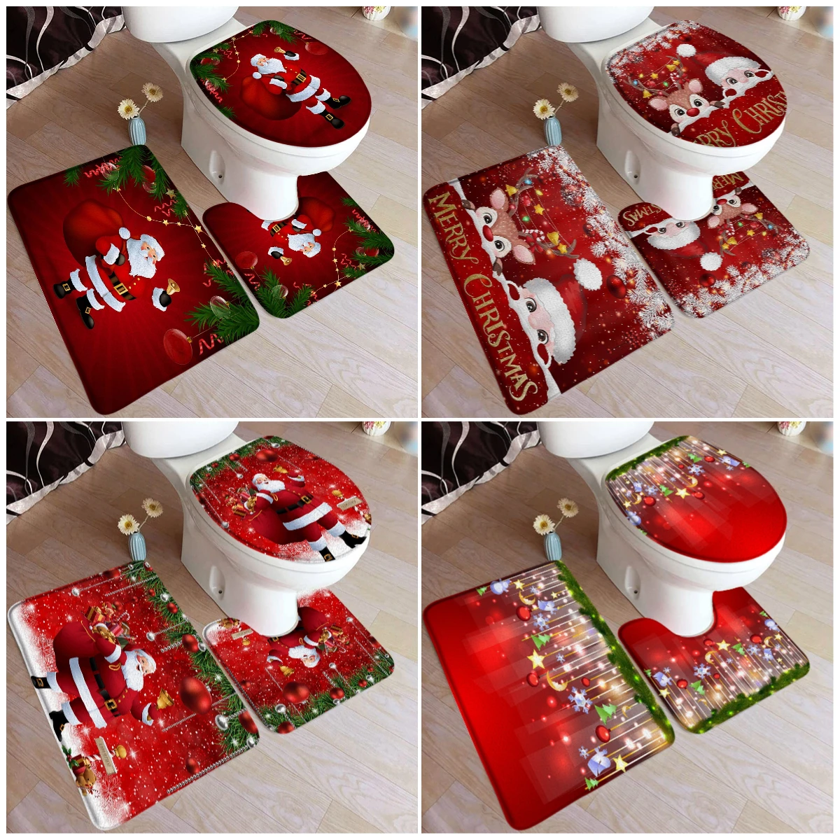 Red Christmas Bath Mat Set Santa Claus Elk Green Pine Branch Xmas Ball Home Carpet Non-slip Bathroom Decor Rugs Toilet Lid Cover