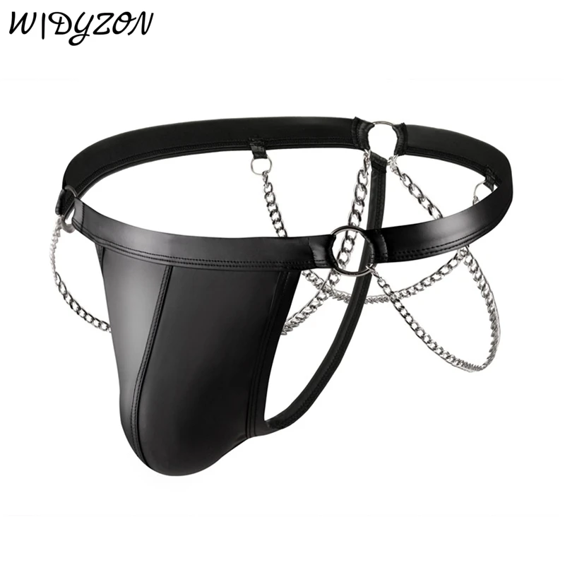 Male Faux Leather G String Panties U Pouch Gay Sexy Men Thongs G Strings Underwear Metal Chain Mens Lingerie Tanga Hombre Cueca