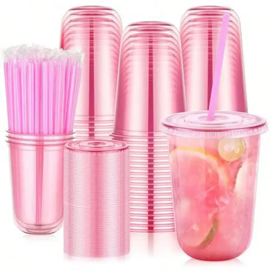 20/50/100 Sets 16 Oz Pink Plastic Party Cups With Lids And Straws, Iced Coffee Cups With Lids, Round Bottom Disposable Drinking