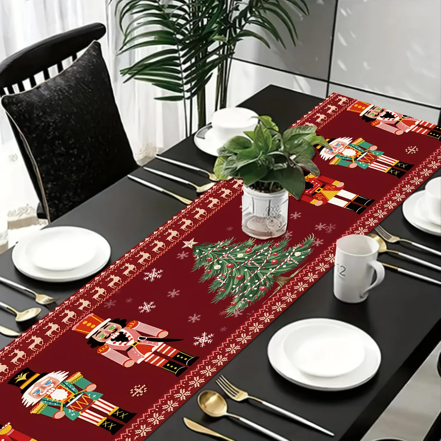 2D Flat Print, [Table Runner] Red Nutcracker, Christmas Tree And Snowflake Table Runner, Home Decor