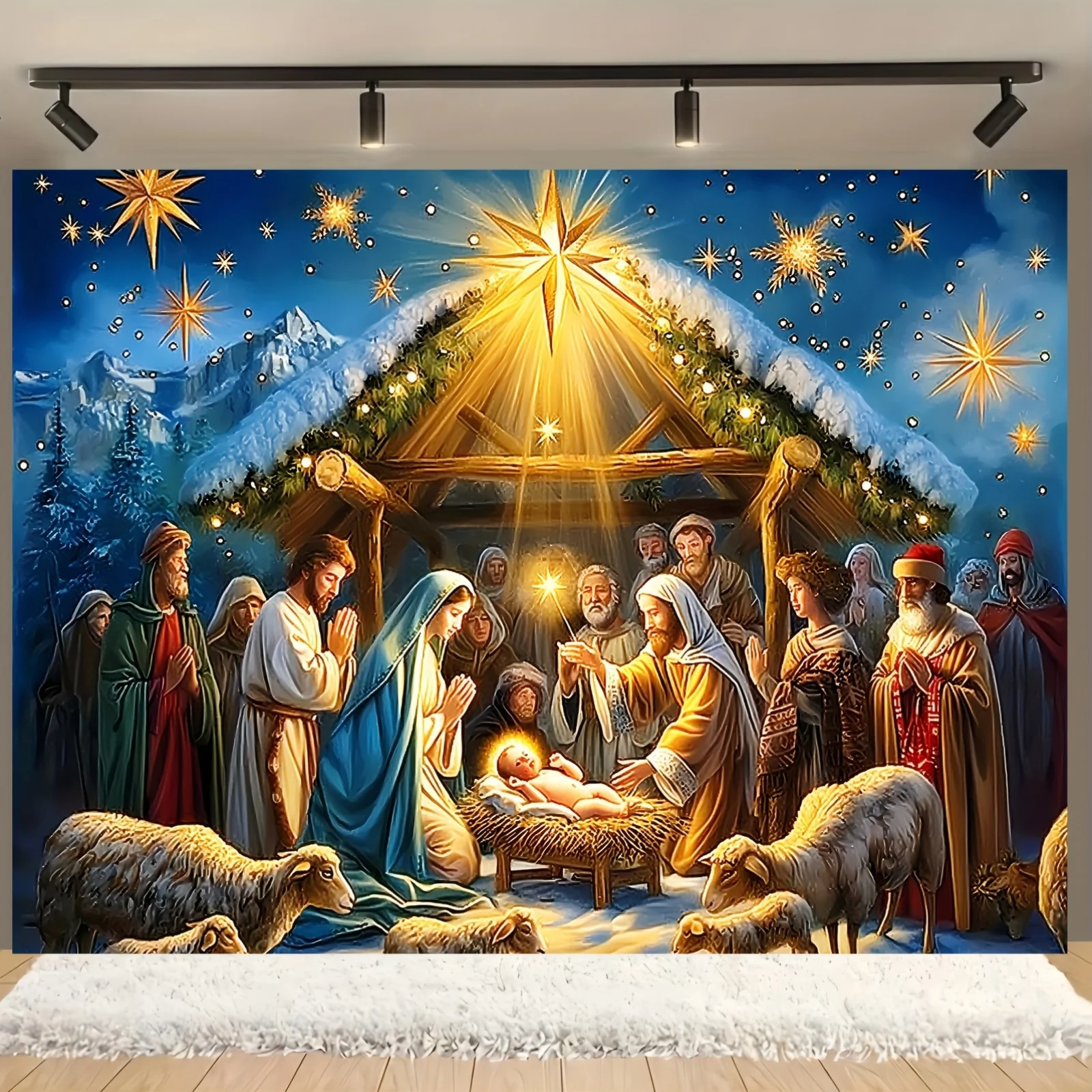 Large Nativity Scene Tapestry Wall Decor Canvas Religious Christmas Bethlehem Jesus Mary Rustic Poster Polyester Home Gift Backd