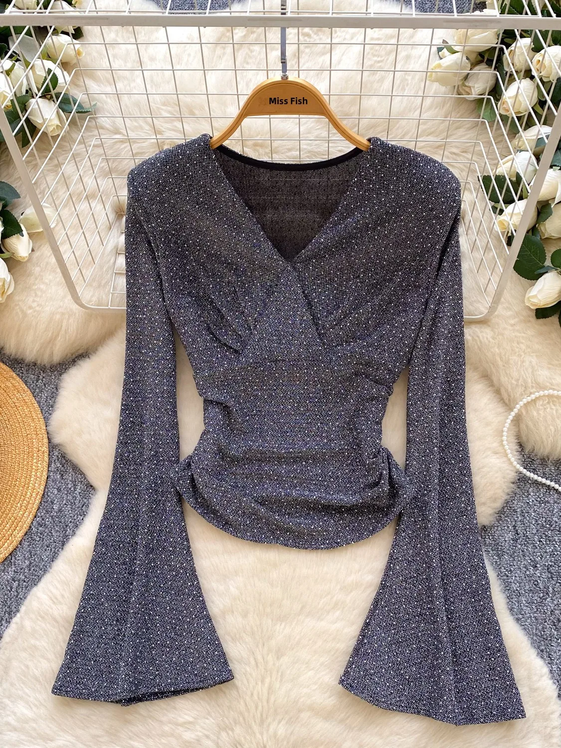 Ele Cross V-ne Bell Sve Plisado Slim Fit Mujer irt Commute Sle Adelgazante Versátil Largo Sve Fibra de poliéster