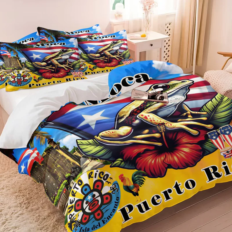 Puerto Rico Coqui Frog Print Duvet Cover Set Taino Symbol Flag Bedding Shams Isla Del Encanto Bedroom Decor All Bed Sizes