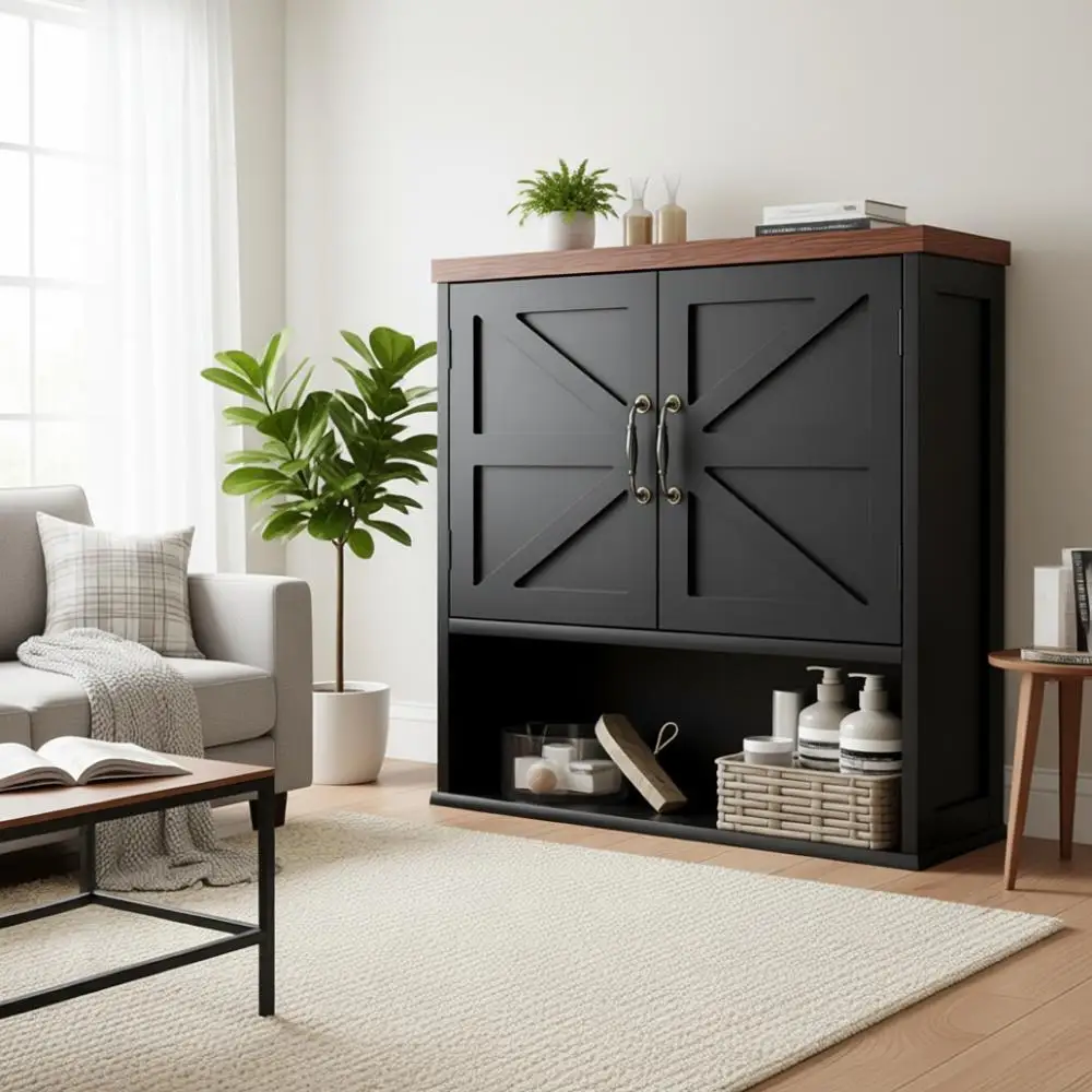 

Wall-Mounted Black Medicine Cabinet with Adjustable Shelves for Bathroom, Living Room, and Laundry Room