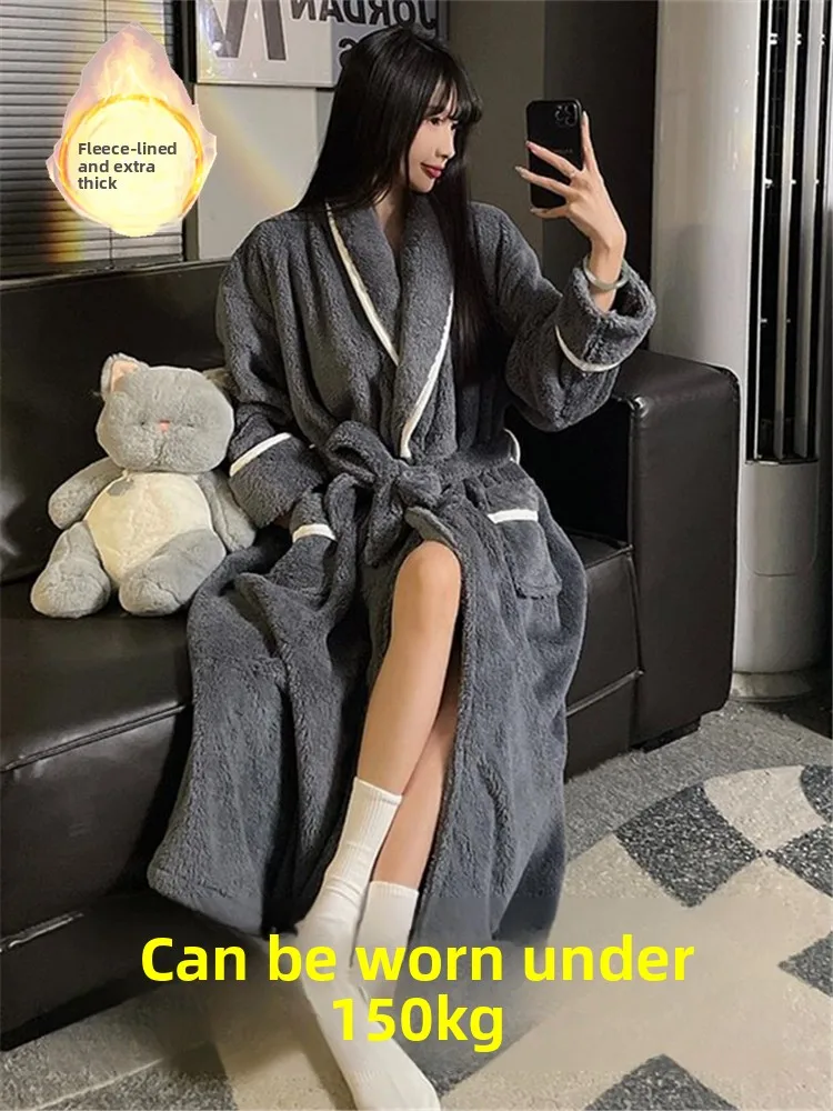 特大サイズ300ポンド対応、ベルト付きエクストラロングコーラルフリースローブ、厚手で暖かい男女兼用冬用ホームウェア-寝間着