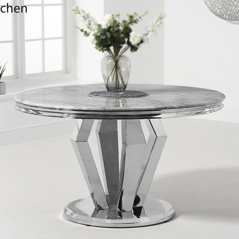 HT High-End Stainless Steel Marble Round Dining Table and Chair Set for Home Post-Modern Minimalist