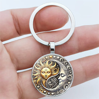 Vintage Sun Moon Keychain Metal and Glass Circular Key Pendant, Men's and Women's Charter Decoration Anniversary Birthday Gift