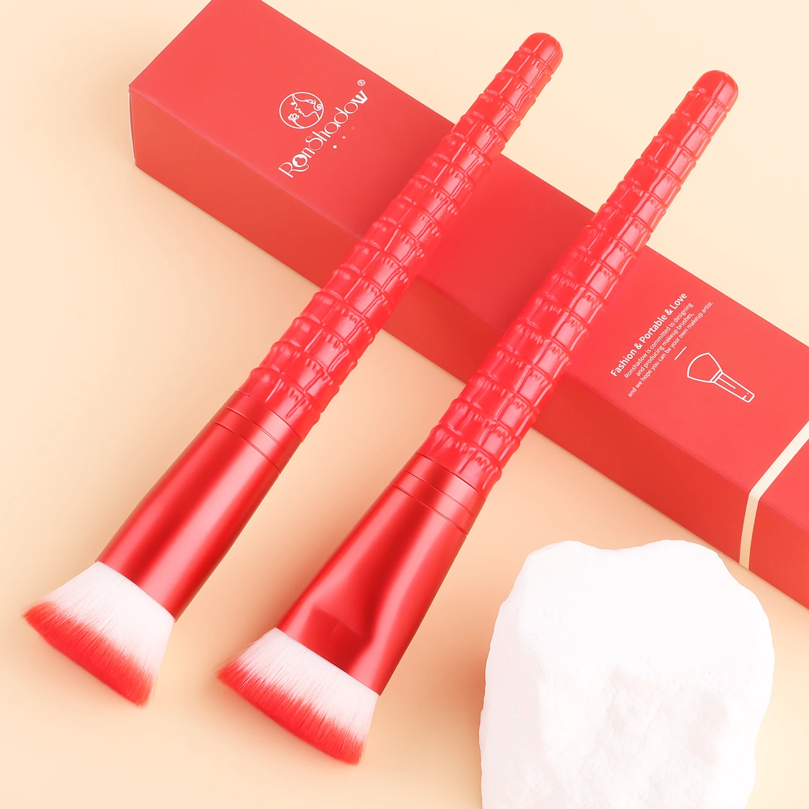 Embossed Handle Flat Head Foundation Brush 2Pcs Gift Box, Fiber Bristle Face Base Makeup Brush Beauty Tool