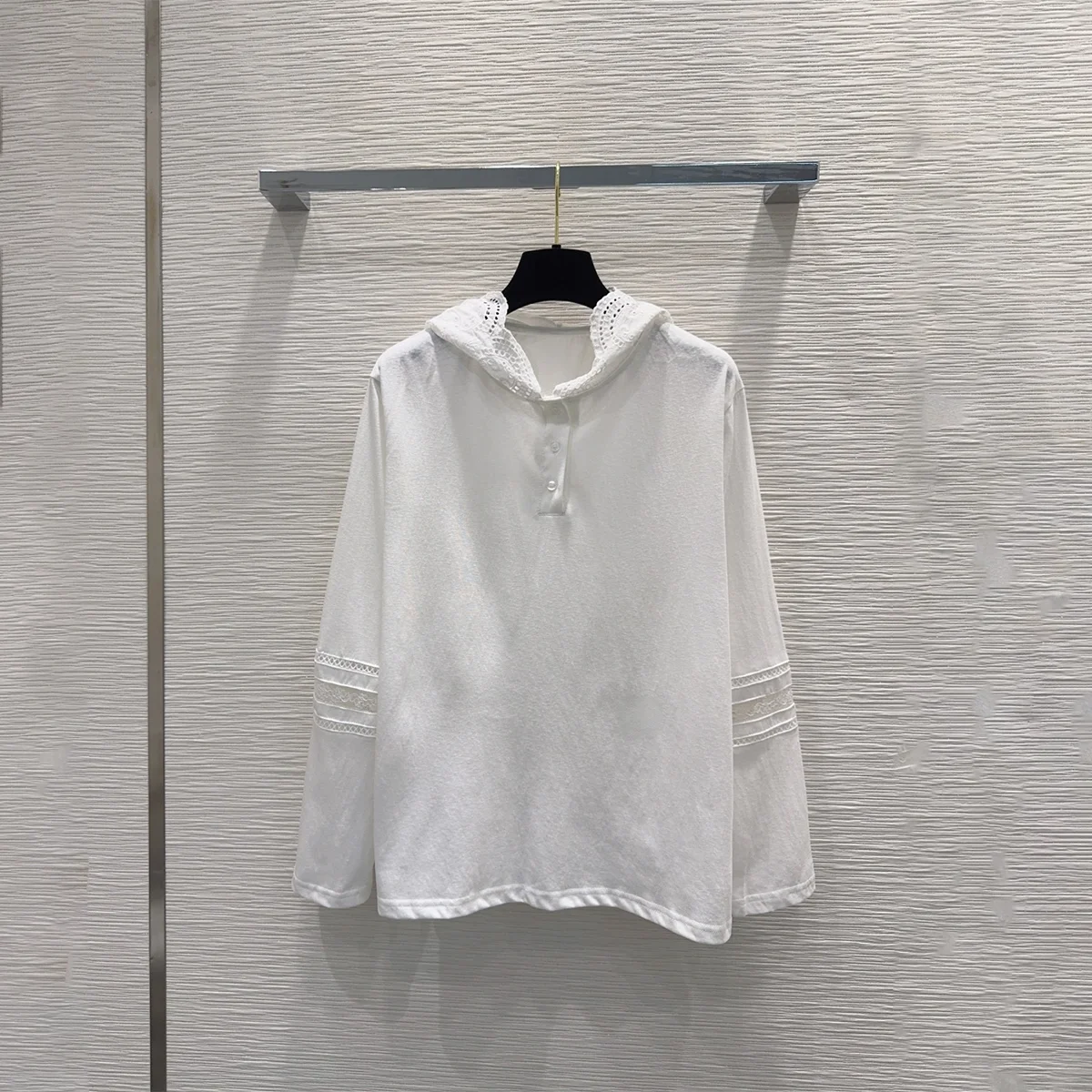 2026 High quality women's cotton embroidered hollowed out hooded semi open button long sleeved top--hb806