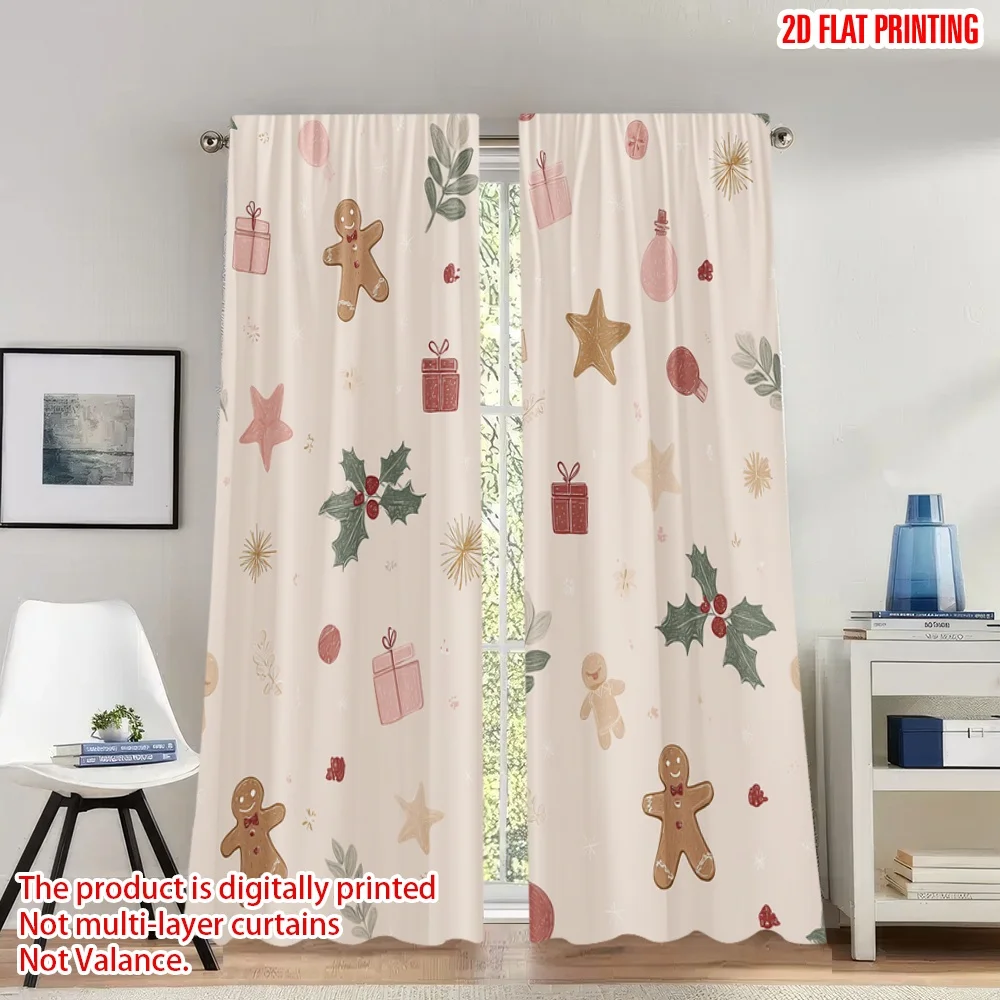 

2pcs 2D flat printing Fashionable Christmas curtains Christmas Holiday Stars Gingerbread Digital Printed Polyester Drapes Party