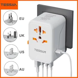 TESSAN uniwersalny Adapter podróżny z szybkim ładowaniem USB i typu C na całym świecie międzynarodowy zasilacz wtyczka EU/UK/US/AU do podróży