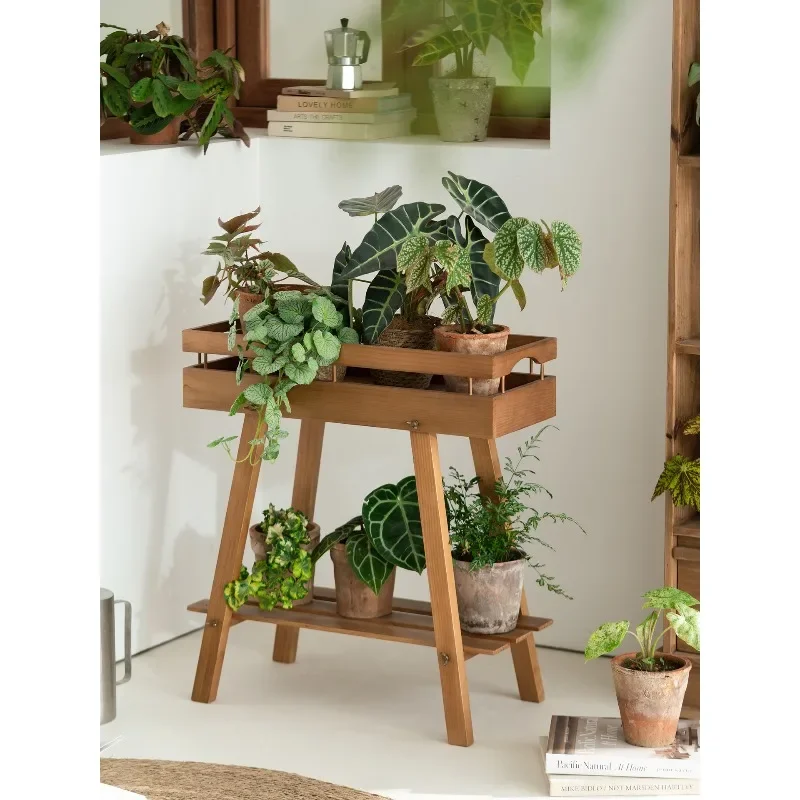 Chashi Natural Wood-style Solid Wood Flower Stand Balcony Storage Rack Multi-layer Flowerpot Storage Rack Living Room Home Floor
