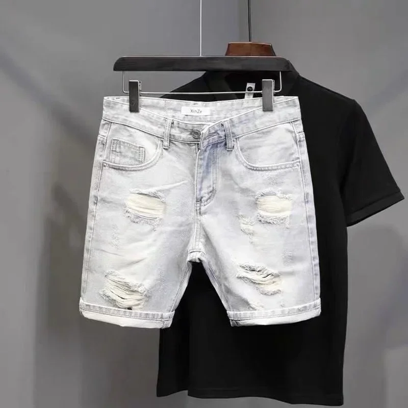 2022 Koreaanse Retro Japanse Veelzijdige Losse Rechte Denim Shorts Casual Broek Jongens Wit Kleur Korte Ripped Hip Hop Jeans