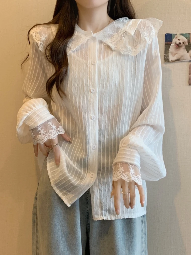 

Faionable Early Spring Lace Trimmed Doll Collar irt plus Size Women's Clothing Agel Ele Versatile Large Size irt