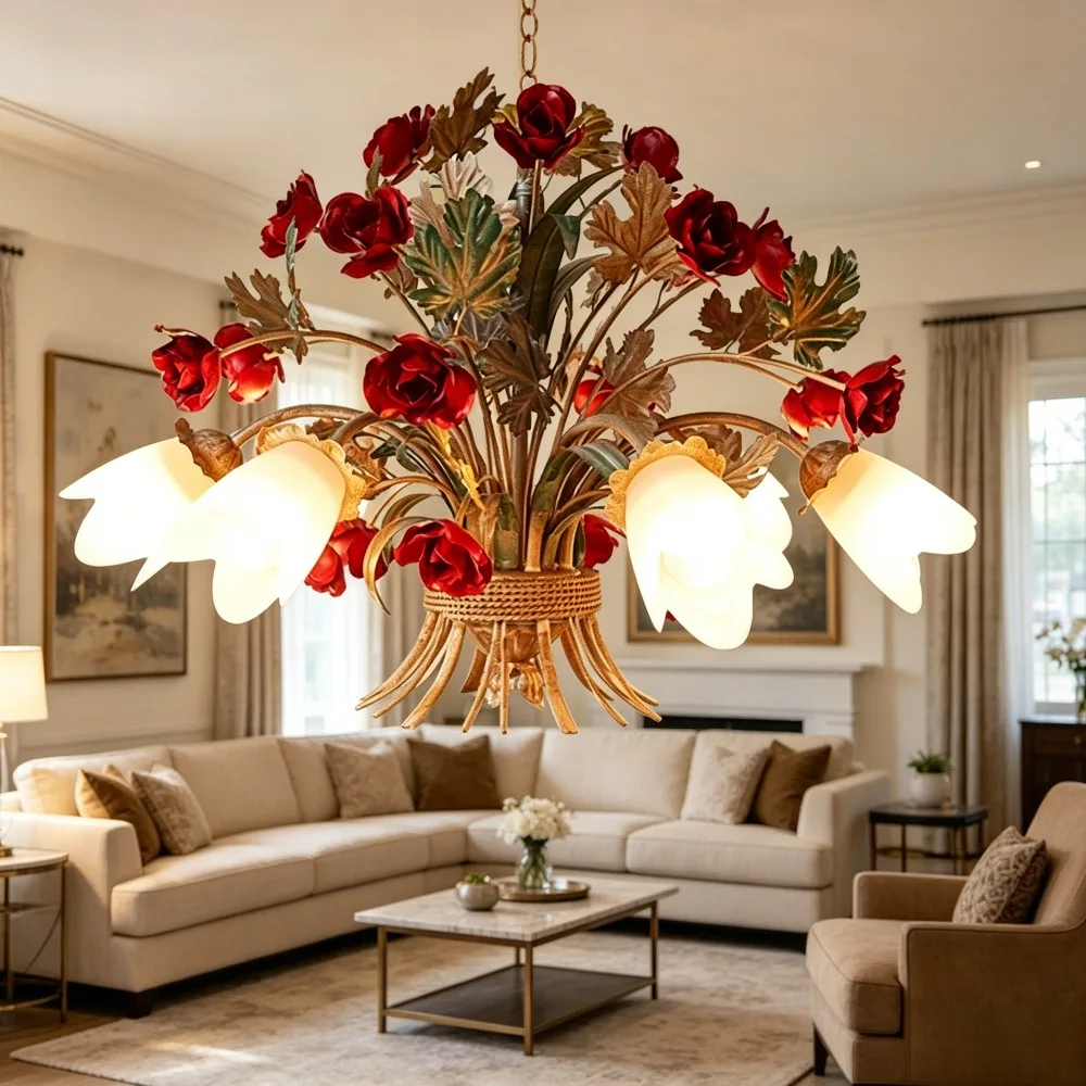 Led E27 European Iron Glass Flower Shaped LED Lamp LED Light.Pendant Lights.Pendant Lamp.Pendant Light for Dinning Room Foyer