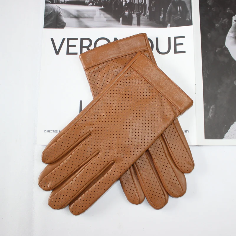 Guantes de conducción de piel de oveja para hombre, de alta calidad, pantalla táctil, seda transpirable, malla de moda, cuero versátil, guantes de