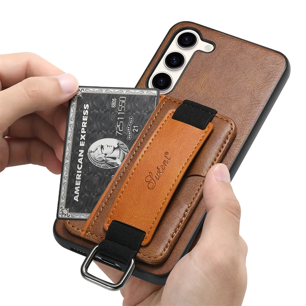 SUTENI Luxury Wristband Grip Case for Galaxy S24 Ultra S23 S22 A13 A14 A24 A34 A53 A54 Note 20 Card Holder Premium Leather Case