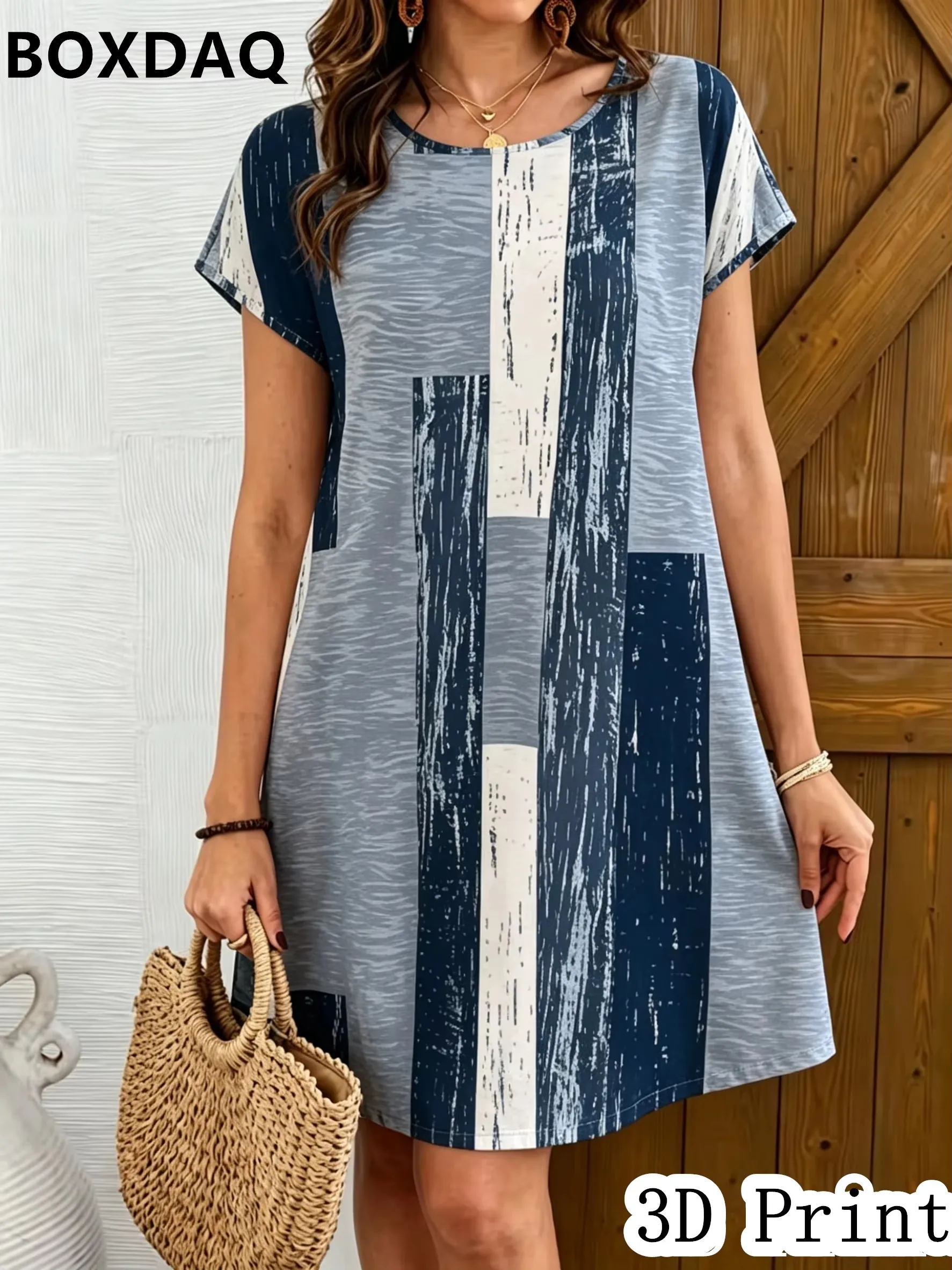 Summer women's short sleeve dress Loose Casual Geometric grid pattern Loose Casual A-Line dress