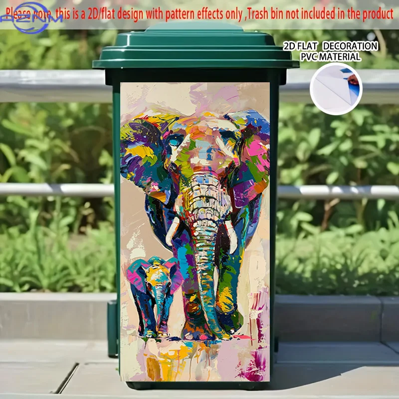 2D Flat Printing 1pc 2D Pattern Printed Kitchen Trash Can Sticker xcm, Colorful Elephant Mother and Child Together Theme Kitch