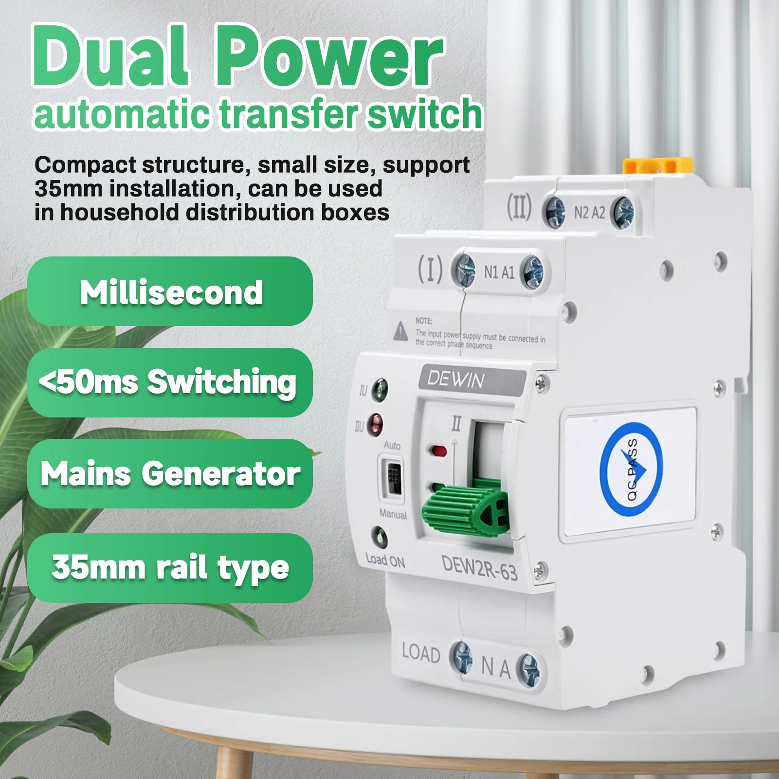 DewinLVD G2R Din Rail 2P 63A Dual Power Automatic Transfer Switch Electrical Selector Switches 220V Electrical Selector Switch