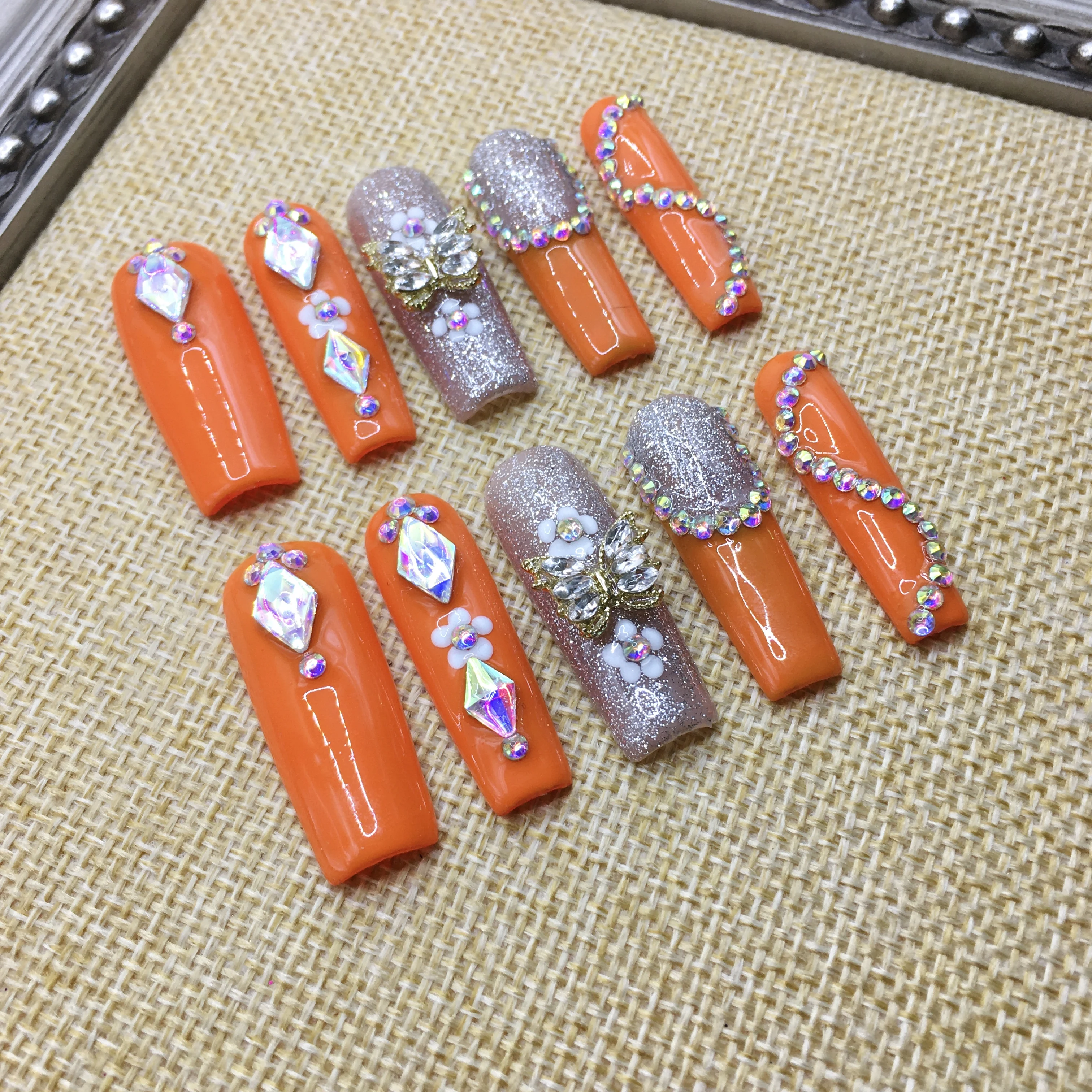 New 10pcs Handmade 3D Acrylic Press on Nails French Rhinestone Custom Design False Finger Beauty Applica