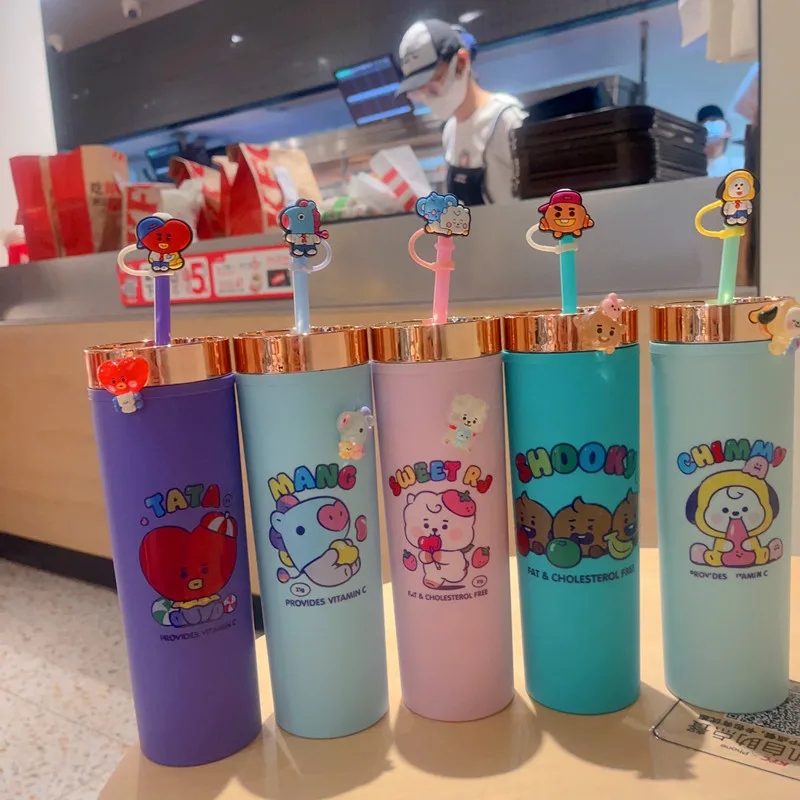 Kawaii Bt21Ed Anime Pp Environmental Protection Material Double-Layer Straw Cup Cute Cartoon Large-Capacity Accompanying Cup