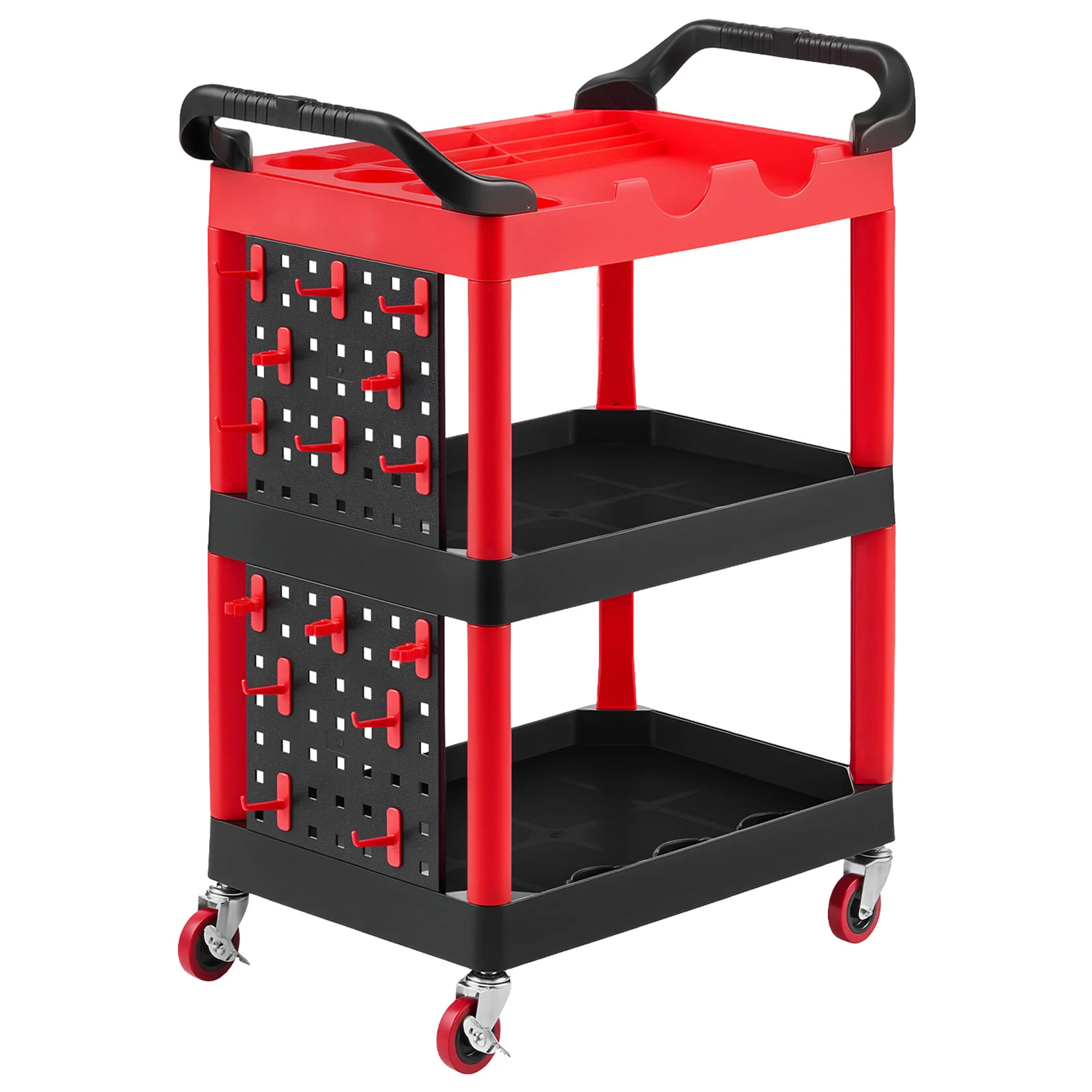 Utility Cart, 300 lbs Capacity, 3 Tier Service Cart with 360 °   Swivel Wheels (2 with Brakes), Heavy-Duty Plastic Rolling with Trays and Pegboards, Tool Storage for Garage, Warehouse & Repair Shop
