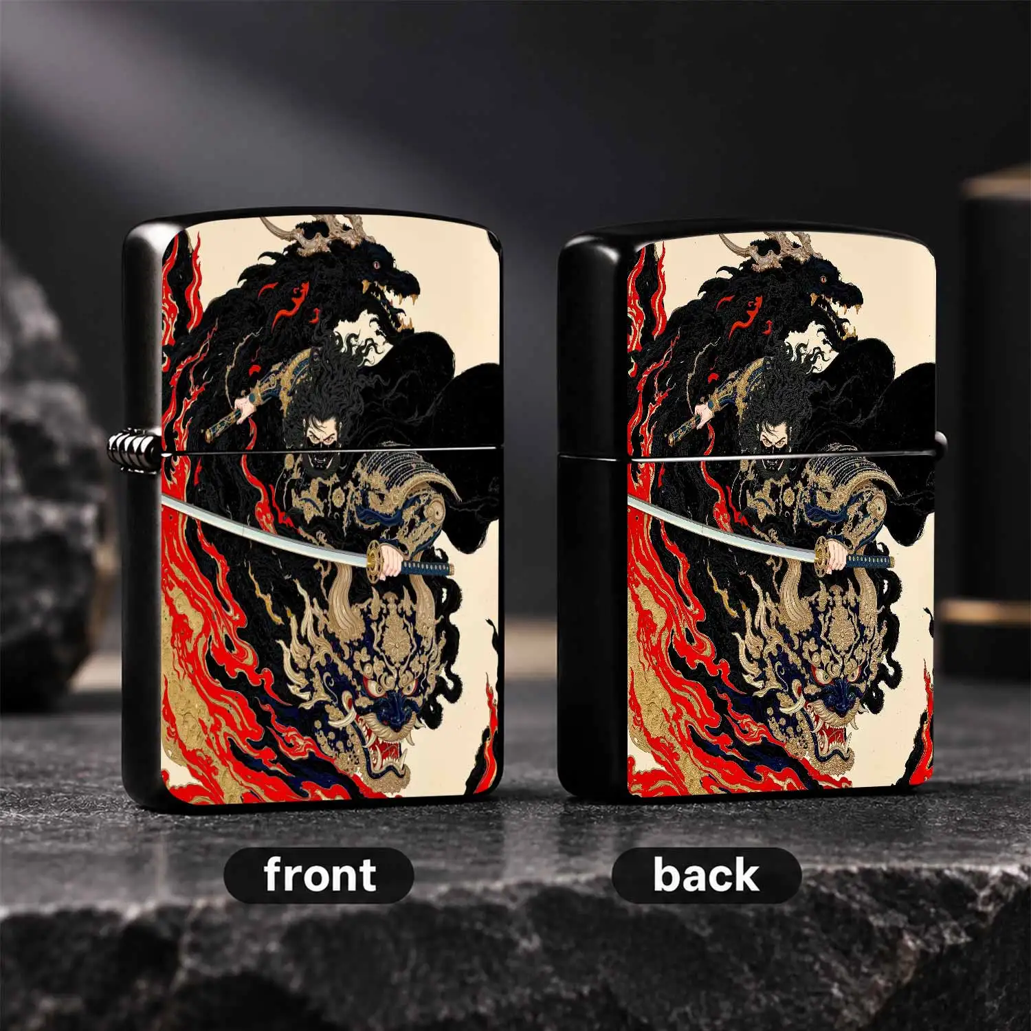 Ukiyo-E Style Dark Samurai Lighter With Mythical Pattern Exquisite Gilded Art Collectible Decorative Accessory Ideal Festival Birthday Gift For Men Elders Suitable For Daily Casual Various Scenes Personalized Stylish Carry-On Ornament A Hum