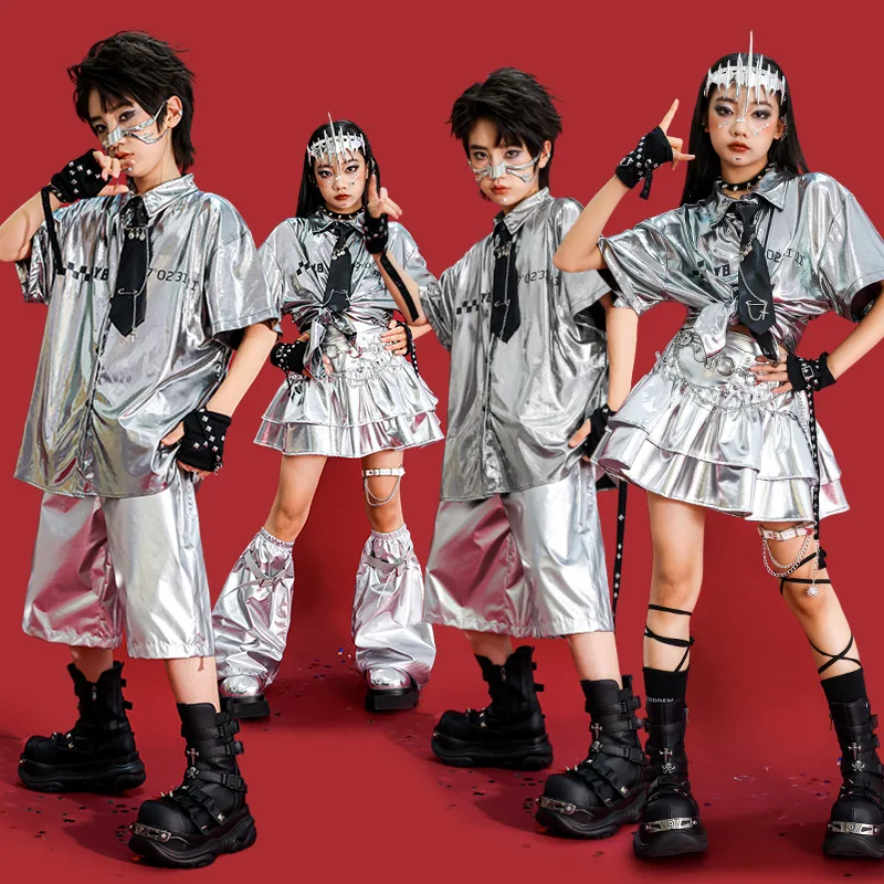 Hip Hop Boys T-shirt Street Dance Silver Pants Girls K-pop Shiny Joggers Kids Jazz Clothes Set Child Summer High-tech Streetwear