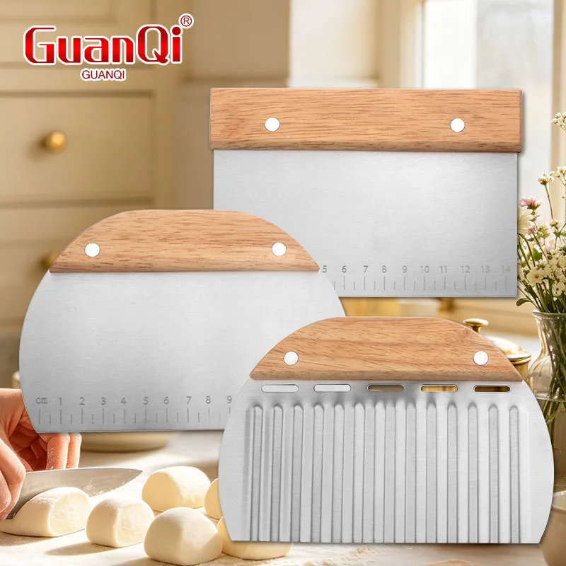 Wooden Handle Pastry Dough Cutter Stainless Steel Wavy Pizza Pies Cutter Semicircle Rectangle Scraper with Measure Flour Bread