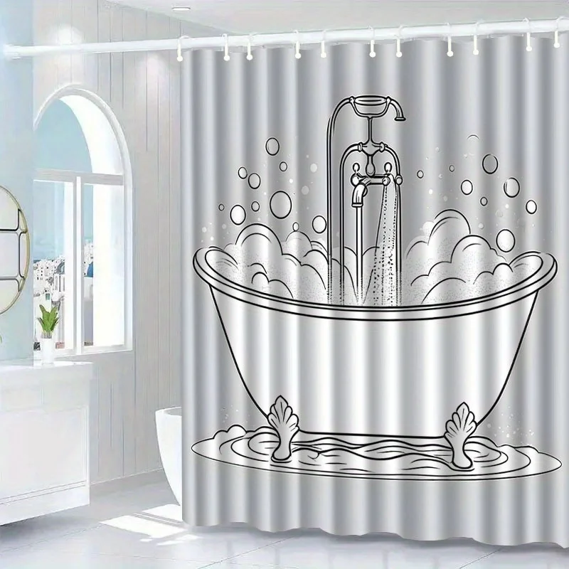 Funny Bathtub Shower Curtain, Cartoon Bubble Bath Line Art Print Waterproof Bathroom Decor, Novelty Home Bath Screen