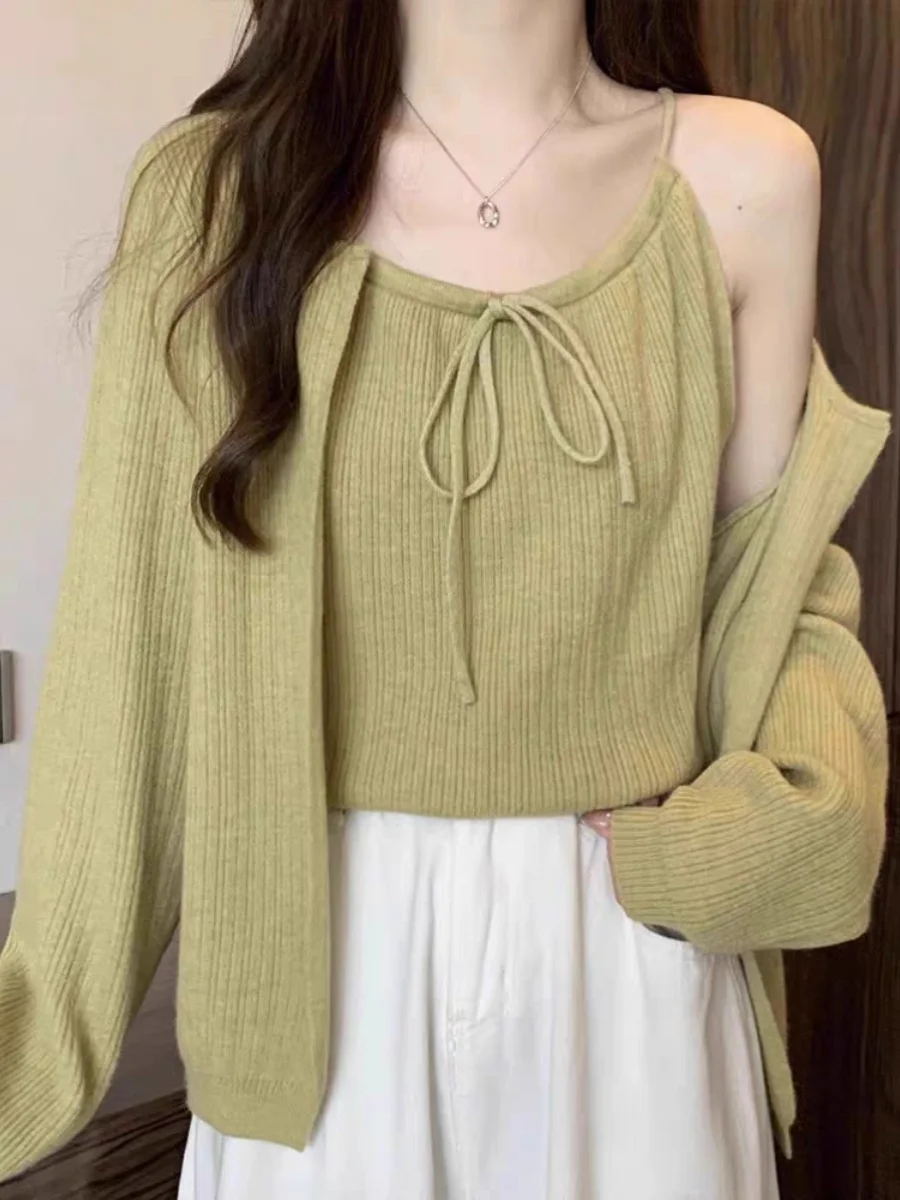 

Женский нежный кардиган без рукавов больших размеров, весенний комплект с мясным покрытием Ele Pure Desire Sle Top V-ne Long Sve Knitted ...