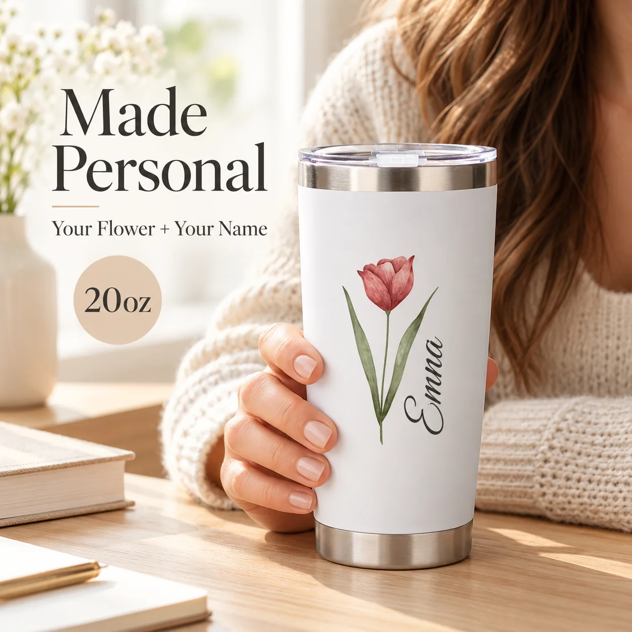 Personalized Floral Tumbler 20oz Custom Name Insulated Stainless Steel Travel Coffee Cup For Her Birthday Gift Personalized Gift