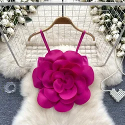 Women Elegant Chic slip Three-dimensional Flower crop Top Slim vintage Sexy tank Top summer sweet Beach Camis