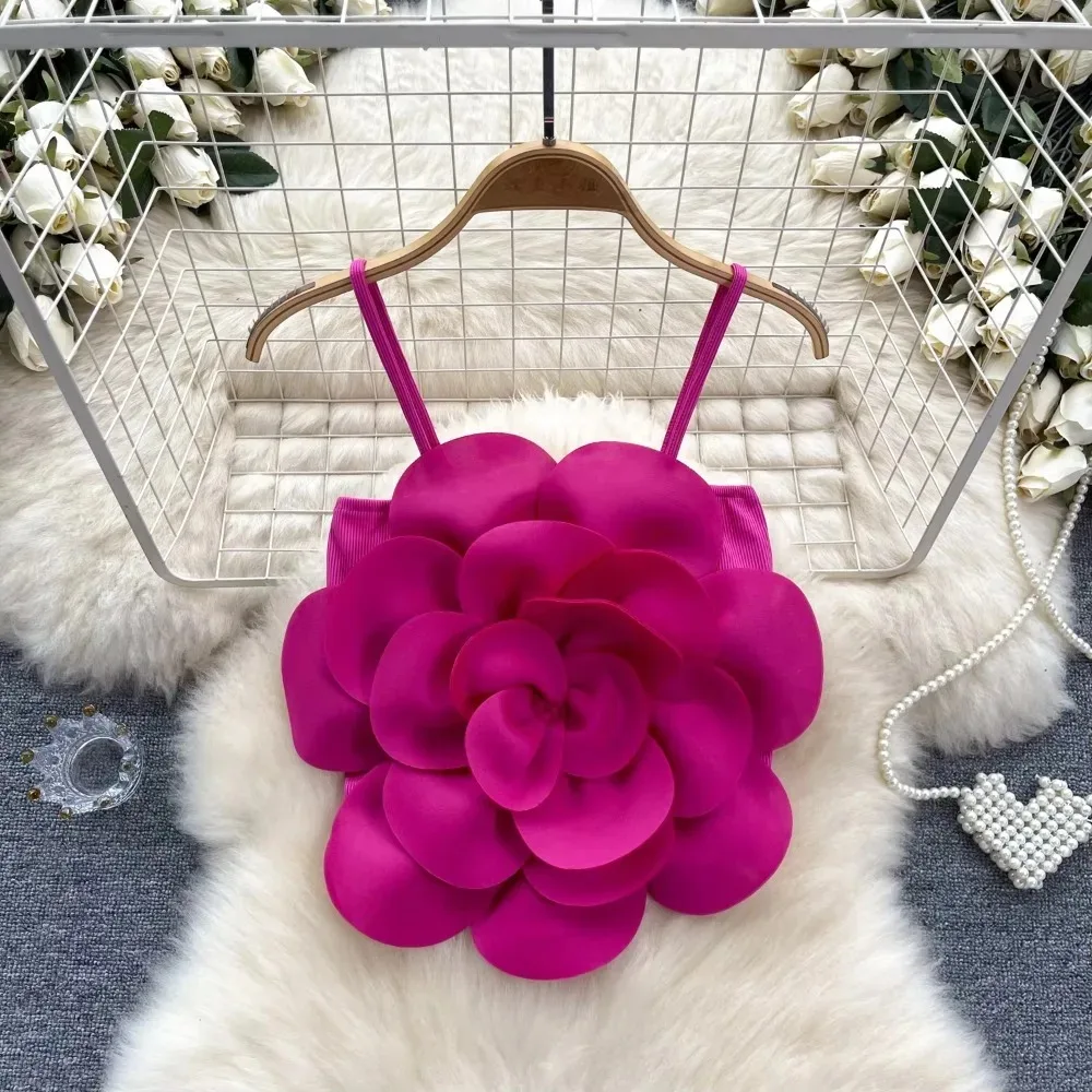 Women Elegant Chic slip Three-dimensional Flower crop Top Slim vintage Sexy tank Top summer sweet Beach Camis