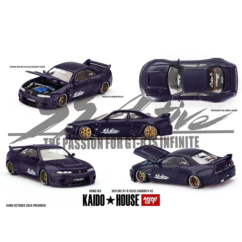 

MINIGT Coming Soon 1:64 Skyline GTR R33 Active Purple Carbon R V2 Kaido House KHMG163 Литая под давлением модель автомобиля с открывающимся капюшоном