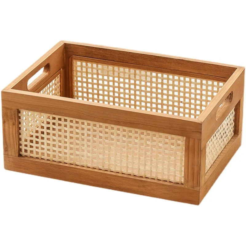 Retro bamboo woven storage basket, desktop sundries, snacks, books, toys, finishing frame