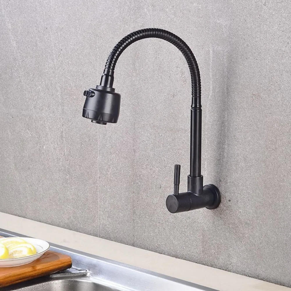Household Wall Mounted Flexible Hose Kitchen Faucet Stainless Steel Rotatable Sink Faucet Black 2 Modes Water Tap Nozzle Balcony