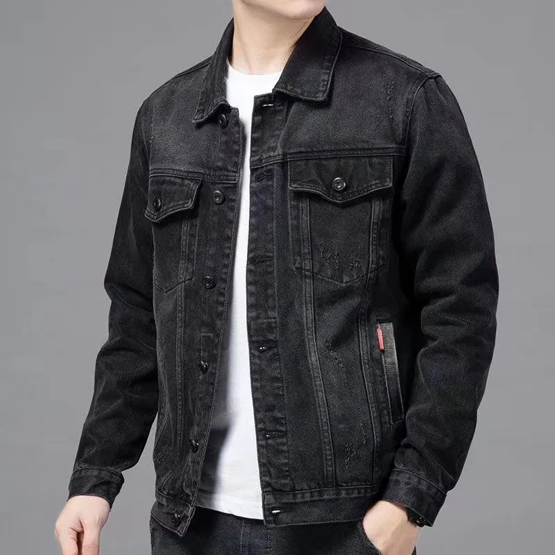 Men's Black Slim Fit Casual Denim Jacket Large Size Multi-Pocket Trendy Korean Style Workwear Classic Turn-Down Collar Coat
