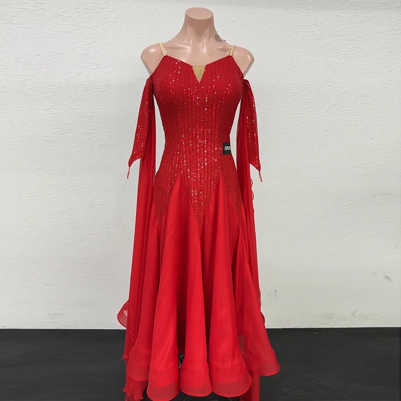 Vestido de baile de salón con hombros descubiertos, vestidos largos rojos con lentejuelas para competición de vals, traje de actuación de danza moderna estándar AMY2286