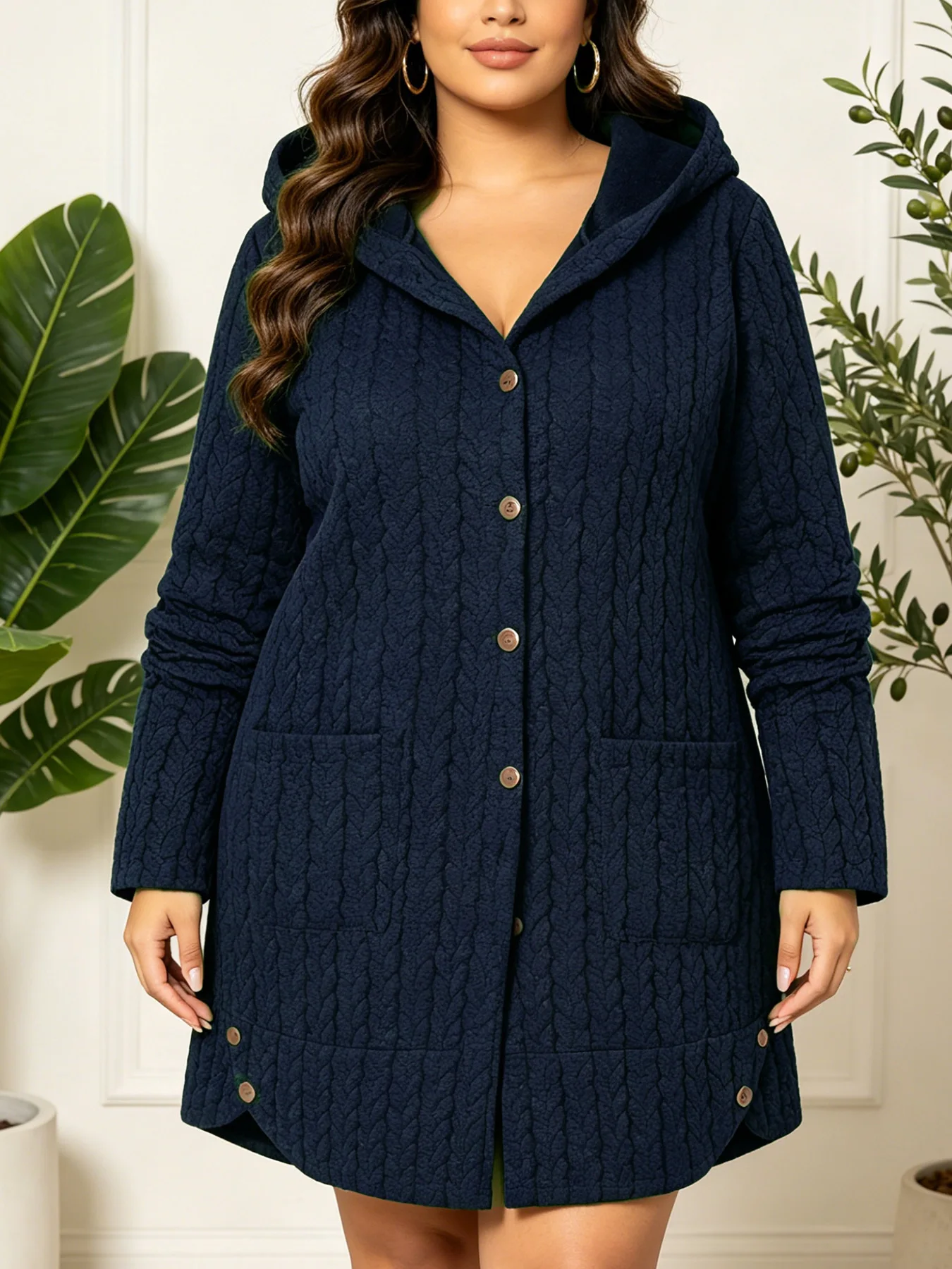 Plus Size Women Leaf Embossed Textured Hooded Cardigan Single Breasted Button Front Mid Length Coat Long Sleeve Patch Pocket