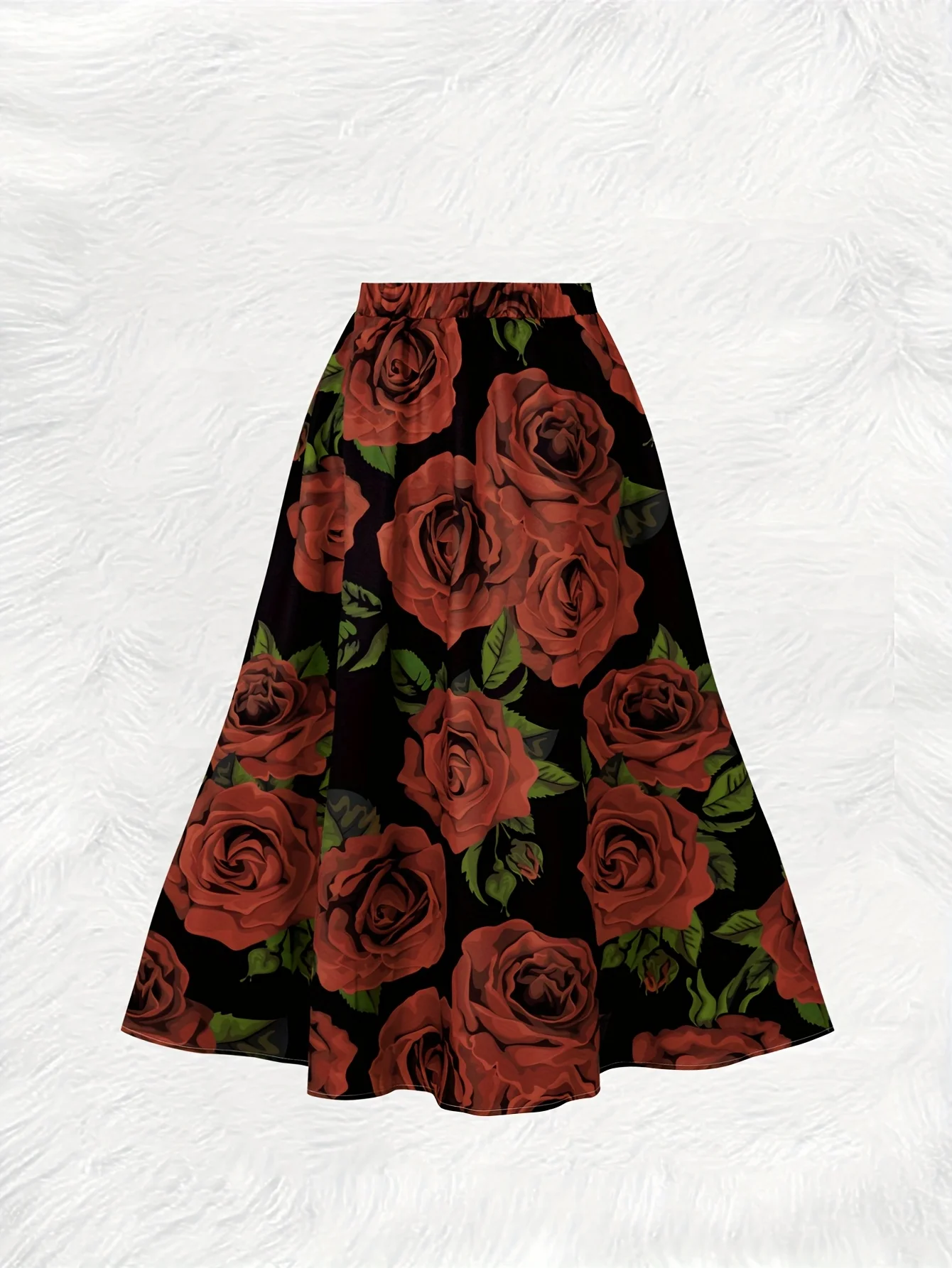 Black Women Skirt Casual A Line Midi Skirt Floral Rose Print Summer Office Work Skirt Elastic Waist High Waisted Skirt