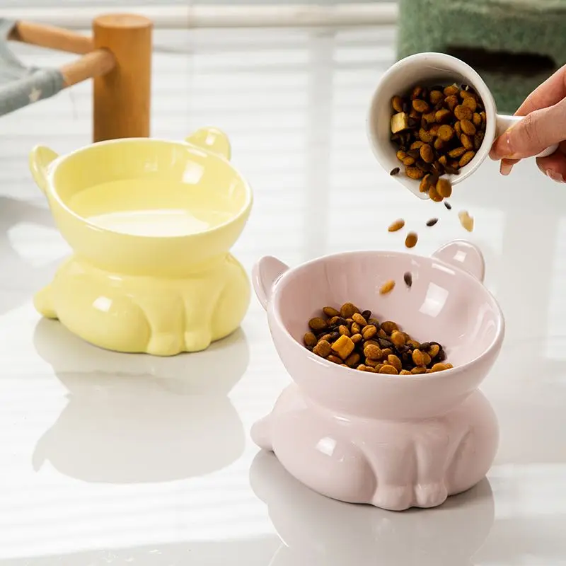 

New product cat bowl ceramic cute cat rice neck protection anti-black chin basin oblique mouth