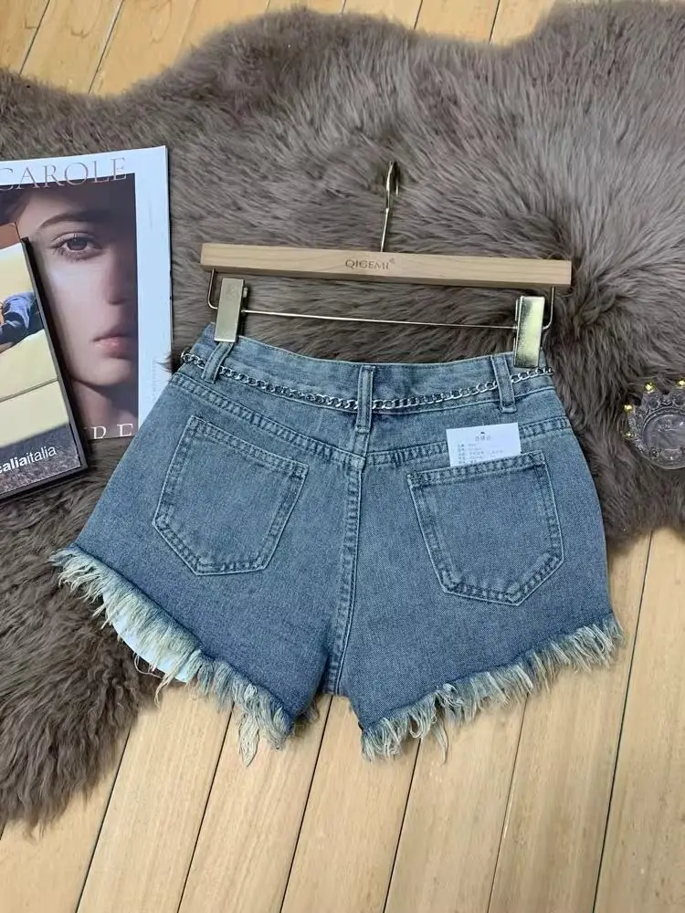Spice Girl Denim Shorts Women Summer High Waist Retro Irregular Holes Fringed Hot Pants view 4