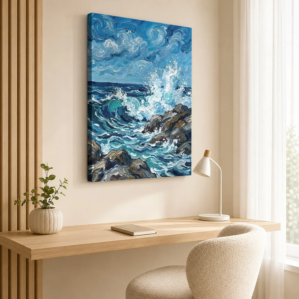 Ocean Wave Crashing On Rocks Canvas Poster Customized Photo Detailed Painterly Composition Wall Art For Coastal Cottage Lounge