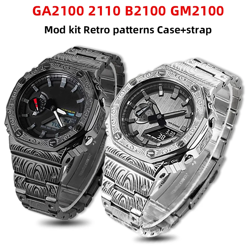 Upgrade Full Metal Mod Kit for G-Shock CASIO GA-2100/GM-2100/GA-B2100 – Stainless Steel Case & Bezel Replacement Band with tools