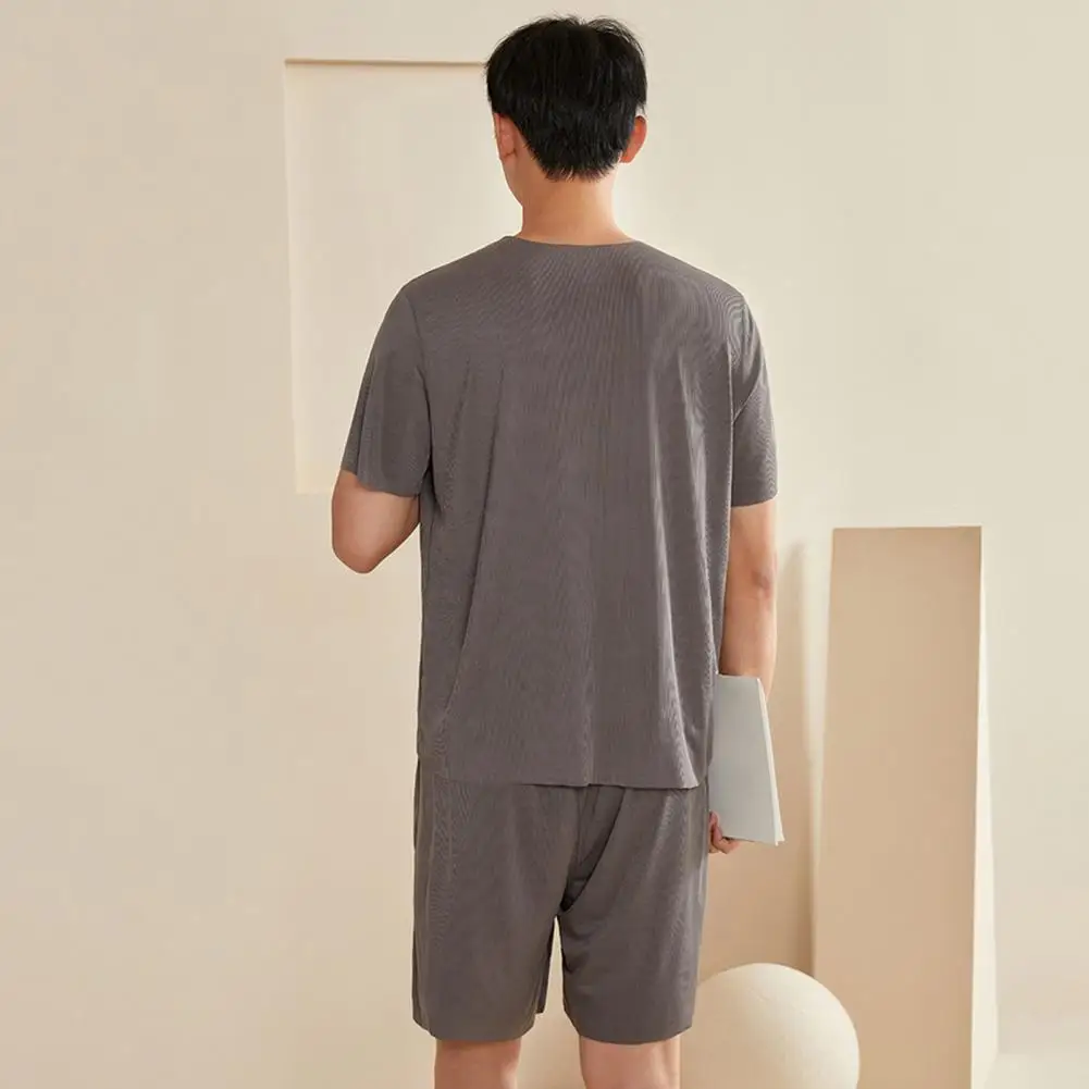 ルーズフィットパジャマセットメンズパジャマセット2ピースOネック半袖Tシャツ弾性ウエストショーツ無地ホーム快適