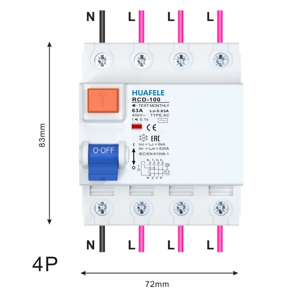 RCCB Type AC 2P 4P Residual Current Device RCCB 40A 63A 100A 30mA 6KA Din Rail 230V 400V Differential Breaker Safety Switch