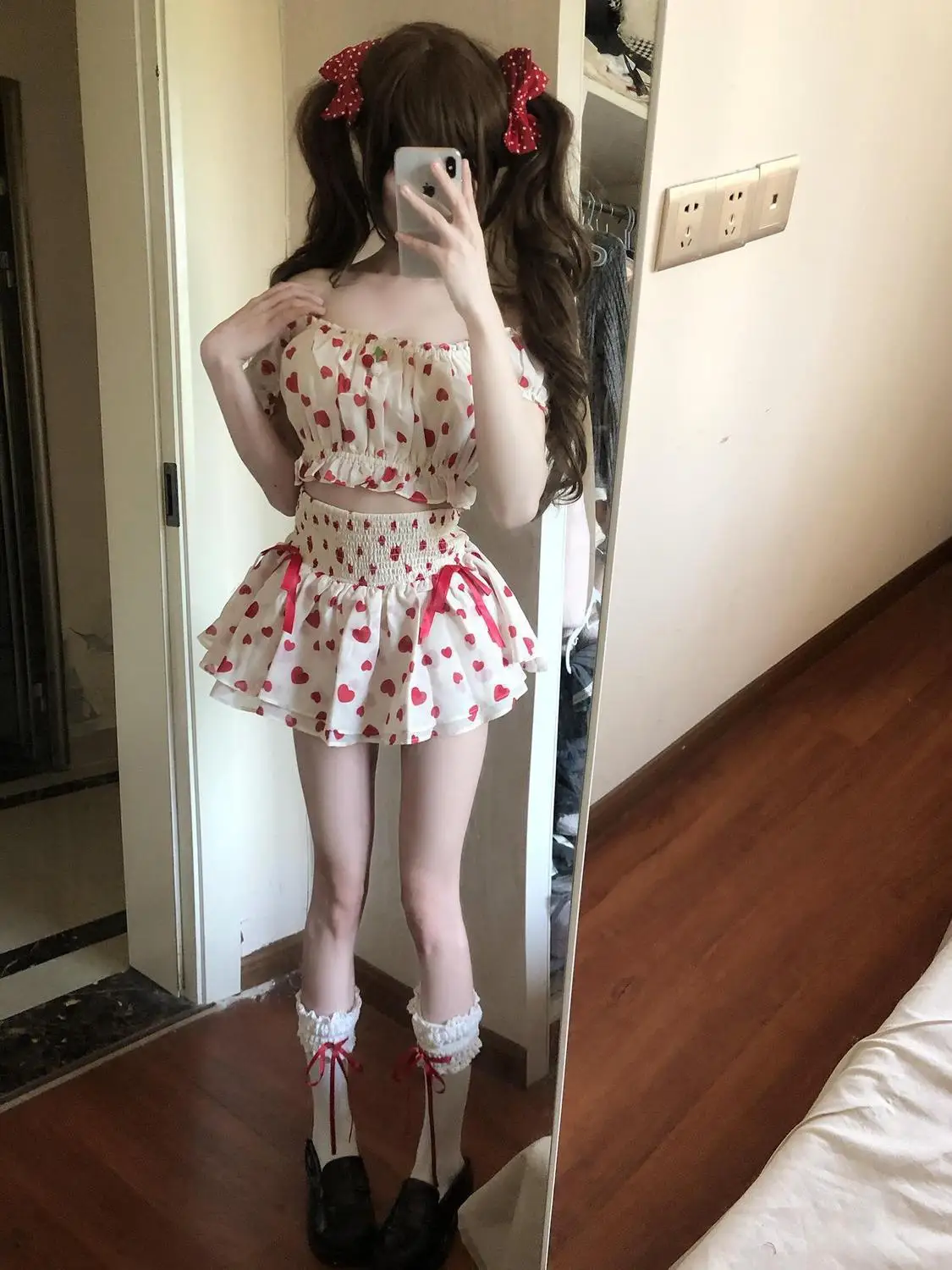 Sweet Kawaii Heart Print Puff Sleeve Off Shoulder 2 Piece Set Shirred High Waist Bow Mini Skirt Women Summer Clubwear Daily Wear