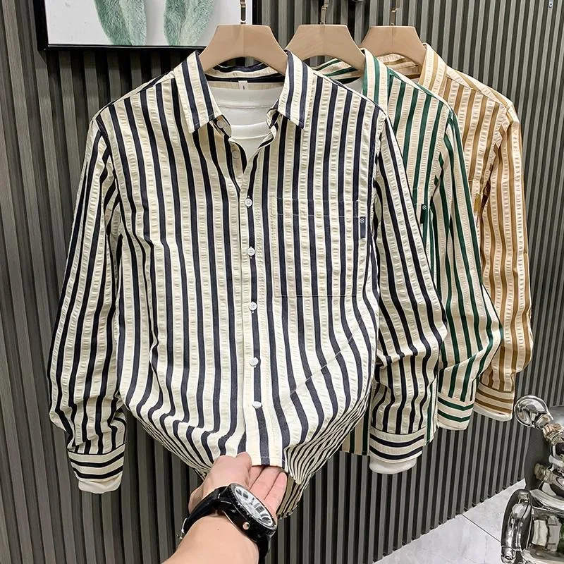 Summer Thin Ice Silk Stripe Men's Long Sleeve Shirt Youth Fashion Sun Protection Casual Outerwear Lightweight Classic Collar